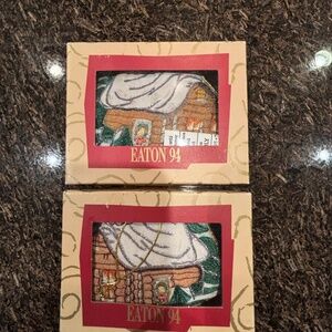 Two Vintage Eaton 94 Log Cabin Christmas Ornament